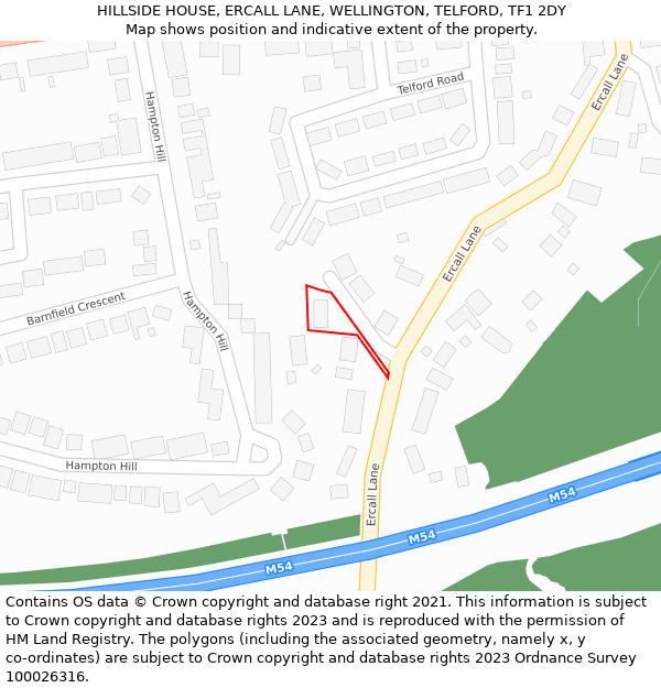 HILLSIDE HOUSE, ERCALL LANE, WELLINGTON, TELFORD, TF1 2DY: Location map and indicative extent of plot