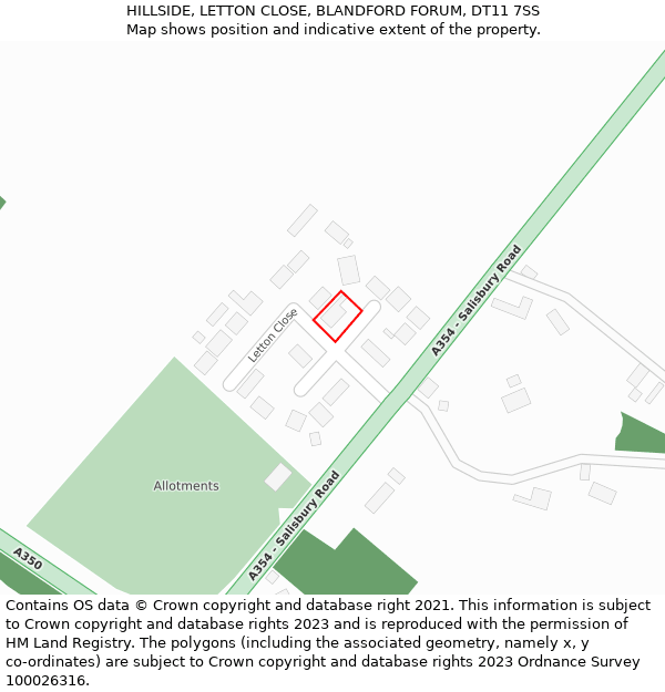 HILLSIDE, LETTON CLOSE, BLANDFORD FORUM, DT11 7SS: Location map and indicative extent of plot