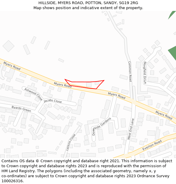 HILLSIDE, MYERS ROAD, POTTON, SANDY, SG19 2RG: Location map and indicative extent of plot