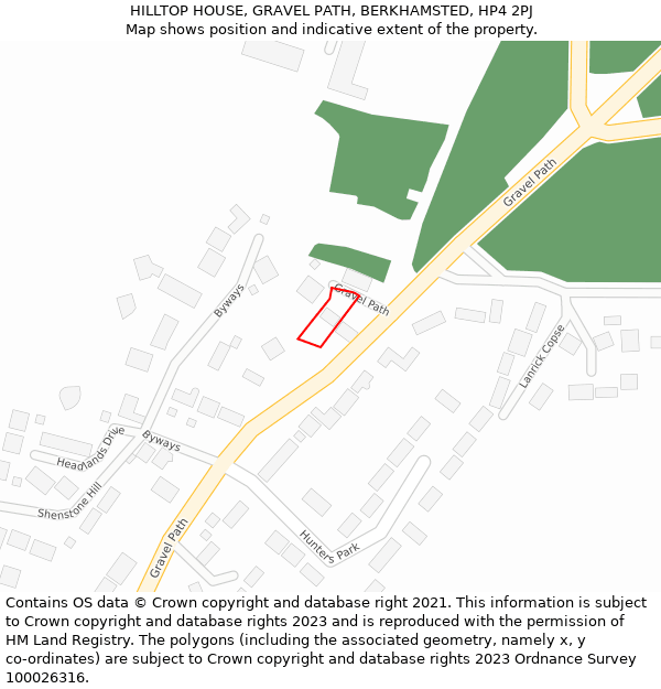 HILLTOP HOUSE, GRAVEL PATH, BERKHAMSTED, HP4 2PJ: Location map and indicative extent of plot