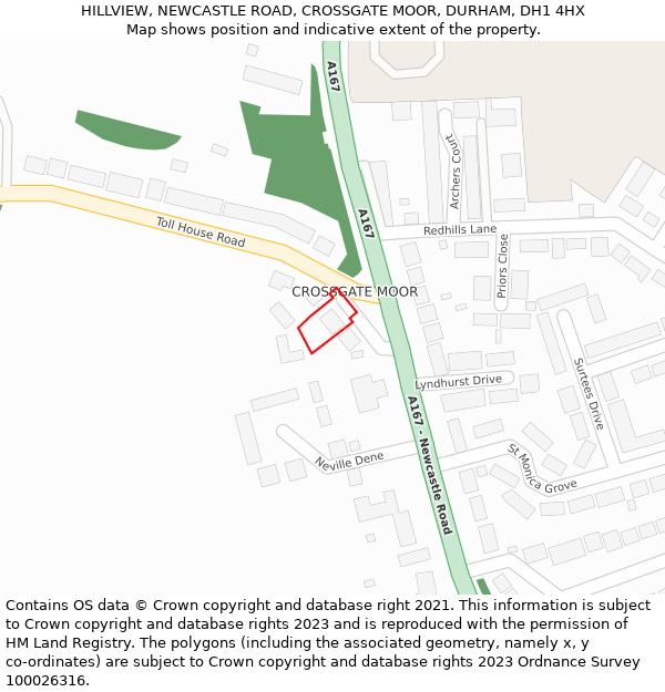 HILLVIEW, NEWCASTLE ROAD, CROSSGATE MOOR, DURHAM, DH1 4HX: Location map and indicative extent of plot