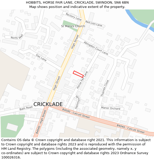 HOBBITS, HORSE FAIR LANE, CRICKLADE, SWINDON, SN6 6BN: Location map and indicative extent of plot