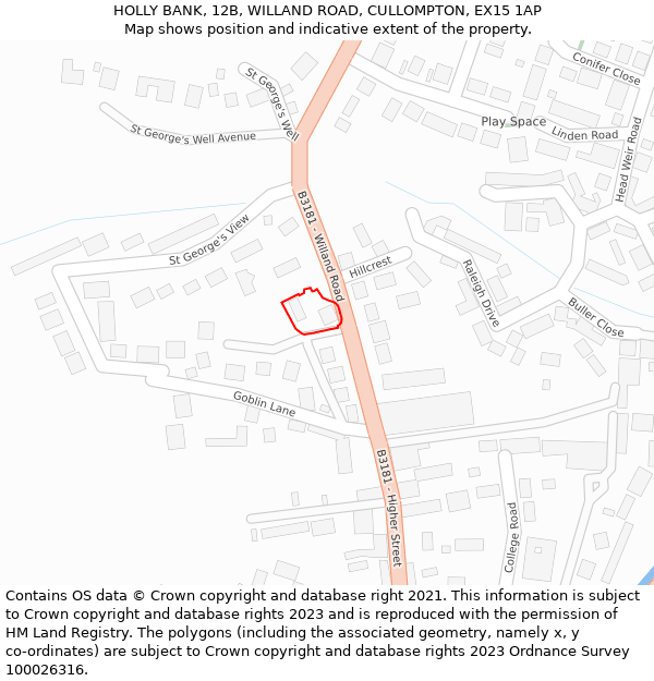 HOLLY BANK, 12B, WILLAND ROAD, CULLOMPTON, EX15 1AP: Location map and indicative extent of plot