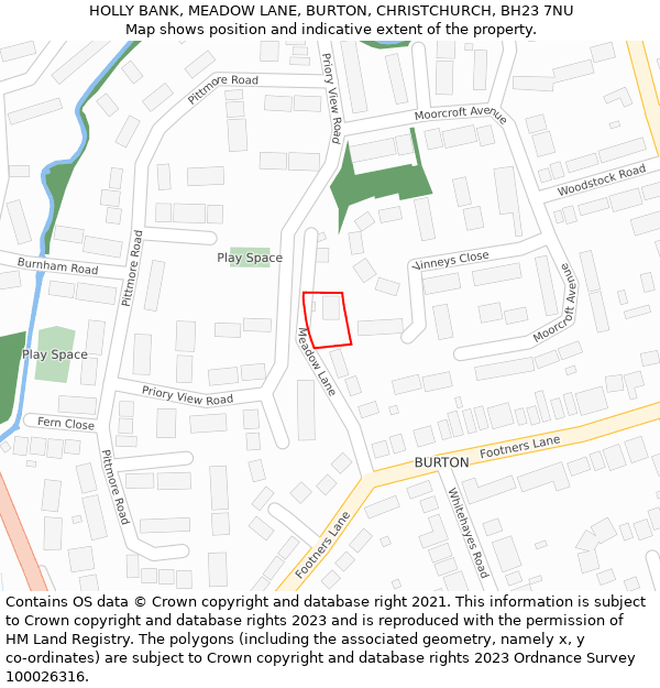 HOLLY BANK, MEADOW LANE, BURTON, CHRISTCHURCH, BH23 7NU: Location map and indicative extent of plot