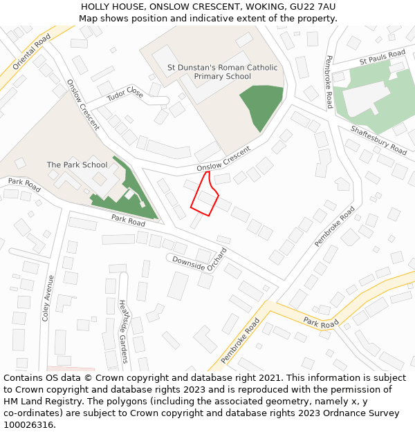 HOLLY HOUSE, ONSLOW CRESCENT, WOKING, GU22 7AU: Location map and indicative extent of plot