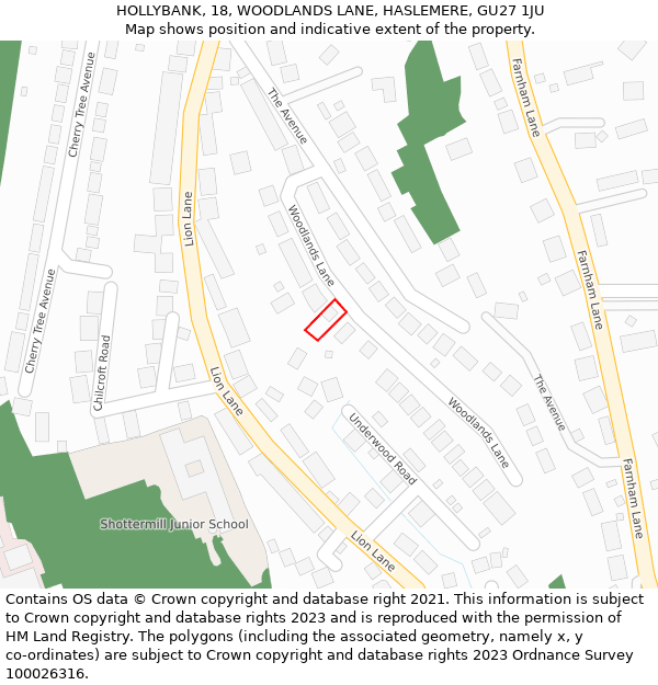 HOLLYBANK, 18, WOODLANDS LANE, HASLEMERE, GU27 1JU: Location map and indicative extent of plot