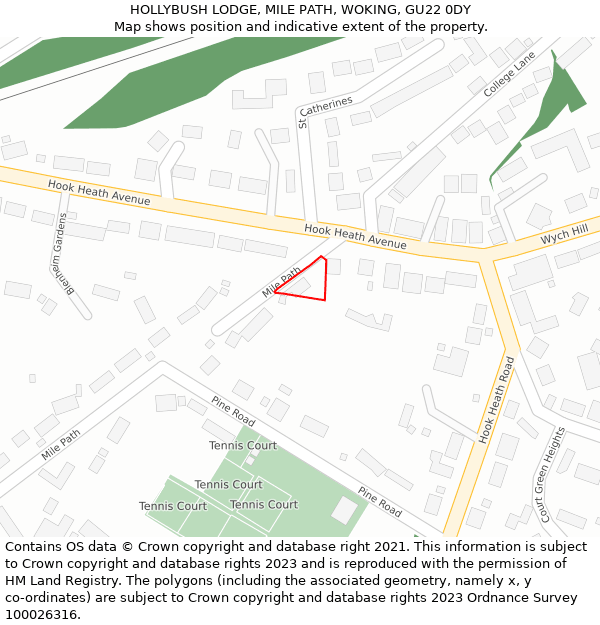 HOLLYBUSH LODGE, MILE PATH, WOKING, GU22 0DY: Location map and indicative extent of plot