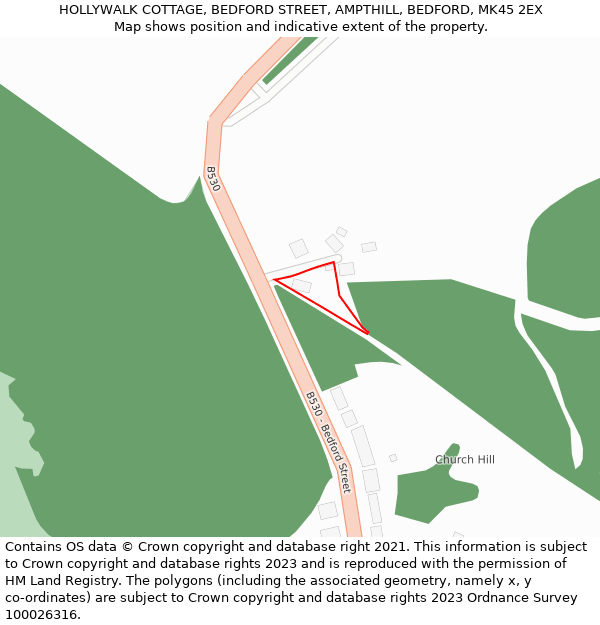 HOLLYWALK COTTAGE, BEDFORD STREET, AMPTHILL, BEDFORD, MK45 2EX: Location map and indicative extent of plot