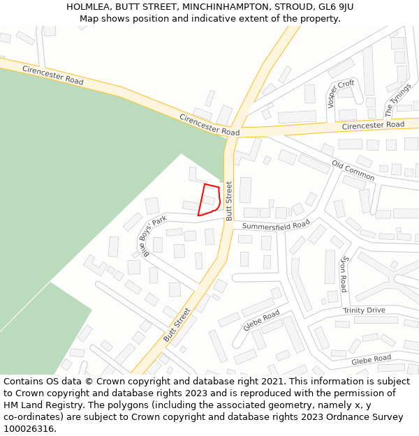 HOLMLEA, BUTT STREET, MINCHINHAMPTON, STROUD, GL6 9JU: Location map and indicative extent of plot