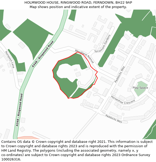 HOLMWOOD HOUSE, RINGWOOD ROAD, FERNDOWN, BH22 9AP: Location map and indicative extent of plot
