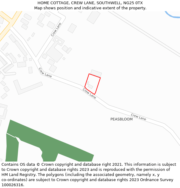 HOME COTTAGE, CREW LANE, SOUTHWELL, NG25 0TX: Location map and indicative extent of plot