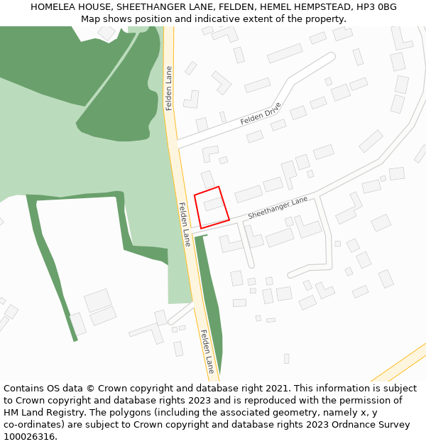 HOMELEA HOUSE, SHEETHANGER LANE, FELDEN, HEMEL HEMPSTEAD, HP3 0BG: Location map and indicative extent of plot