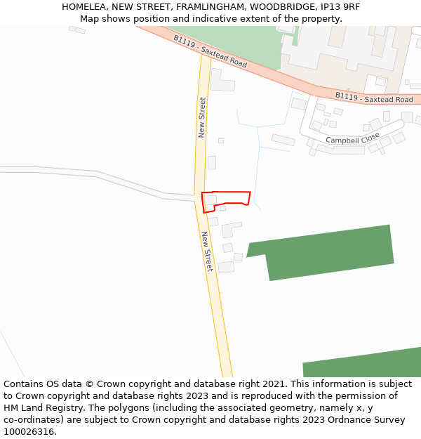 HOMELEA, NEW STREET, FRAMLINGHAM, WOODBRIDGE, IP13 9RF: Location map and indicative extent of plot