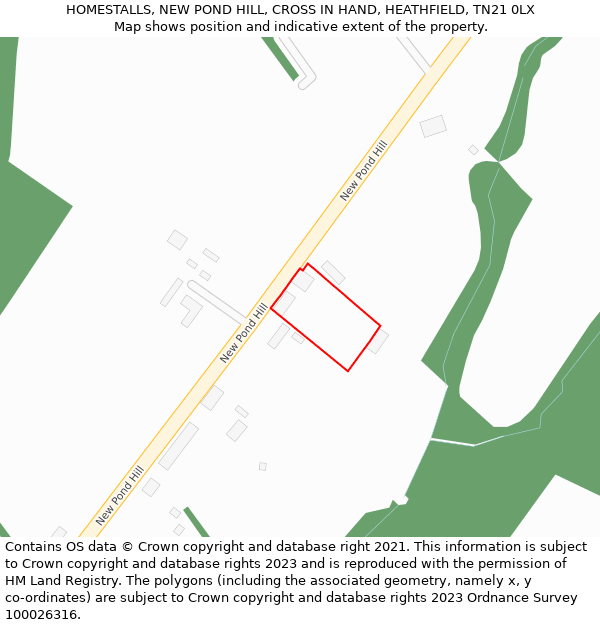 HOMESTALLS, NEW POND HILL, CROSS IN HAND, HEATHFIELD, TN21 0LX: Location map and indicative extent of plot