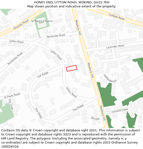 HONEY END, LYTTON ROAD, WOKING, GU22 7EH: Location map and indicative extent of plot