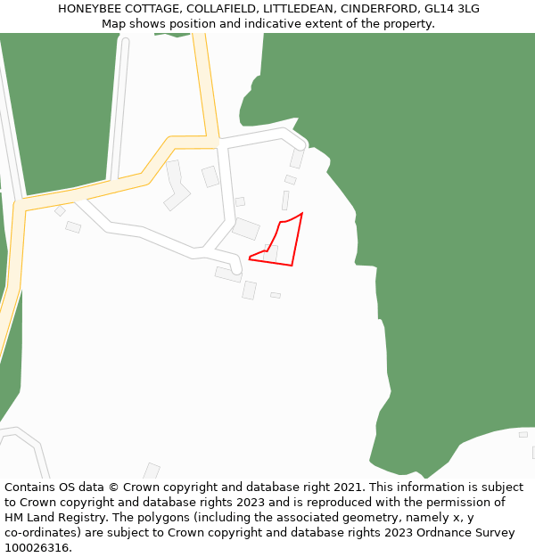 HONEYBEE COTTAGE, COLLAFIELD, LITTLEDEAN, CINDERFORD, GL14 3LG: Location map and indicative extent of plot