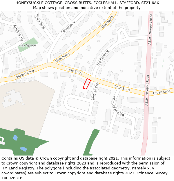 HONEYSUCKLE COTTAGE, CROSS BUTTS, ECCLESHALL, STAFFORD, ST21 6AX: Location map and indicative extent of plot