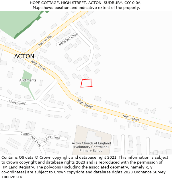 HOPE COTTAGE, HIGH STREET, ACTON, SUDBURY, CO10 0AL: Location map and indicative extent of plot
