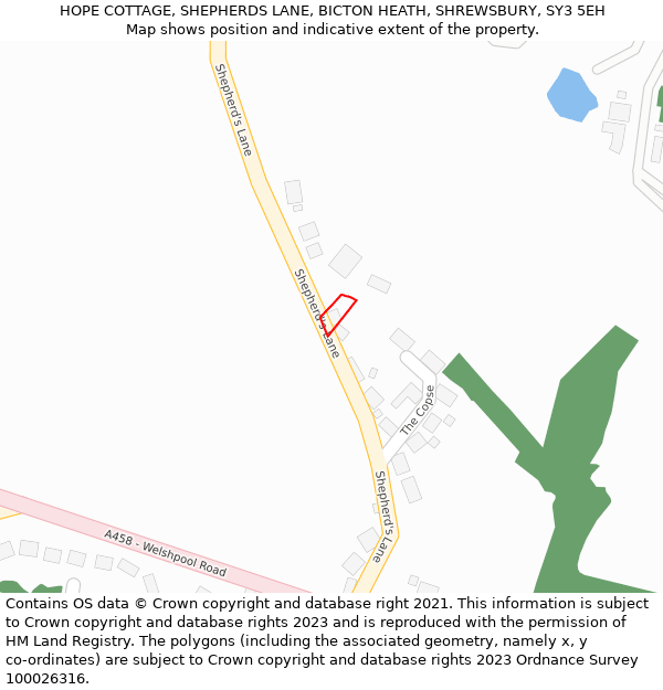 HOPE COTTAGE, SHEPHERDS LANE, BICTON HEATH, SHREWSBURY, SY3 5EH: Location map and indicative extent of plot