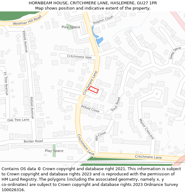 HORNBEAM HOUSE, CRITCHMERE LANE, HASLEMERE, GU27 1PR: Location map and indicative extent of plot