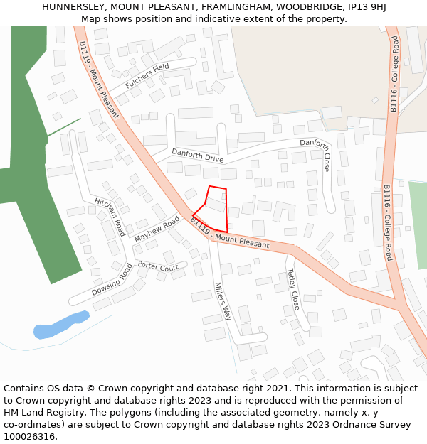 HUNNERSLEY, MOUNT PLEASANT, FRAMLINGHAM, WOODBRIDGE, IP13 9HJ: Location map and indicative extent of plot