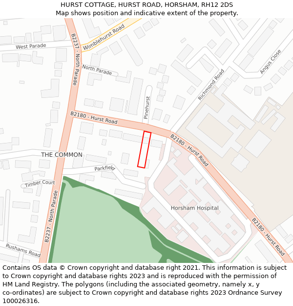 HURST COTTAGE, HURST ROAD, HORSHAM, RH12 2DS: Location map and indicative extent of plot