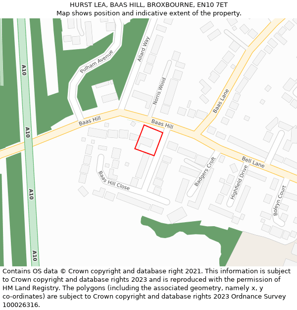 HURST LEA, BAAS HILL, BROXBOURNE, EN10 7ET: Location map and indicative extent of plot