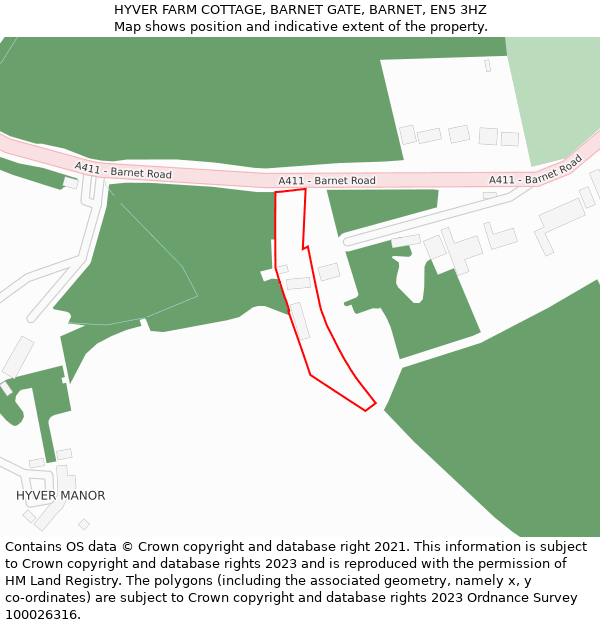 HYVER FARM COTTAGE, BARNET GATE, BARNET, EN5 3HZ: Location map and indicative extent of plot