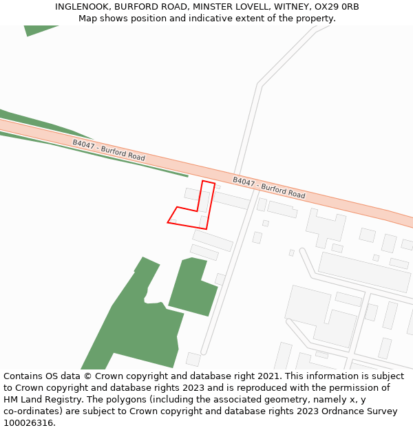 INGLENOOK, BURFORD ROAD, MINSTER LOVELL, WITNEY, OX29 0RB: Location map and indicative extent of plot
