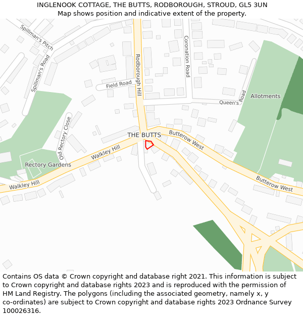INGLENOOK COTTAGE, THE BUTTS, RODBOROUGH, STROUD, GL5 3UN: Location map and indicative extent of plot