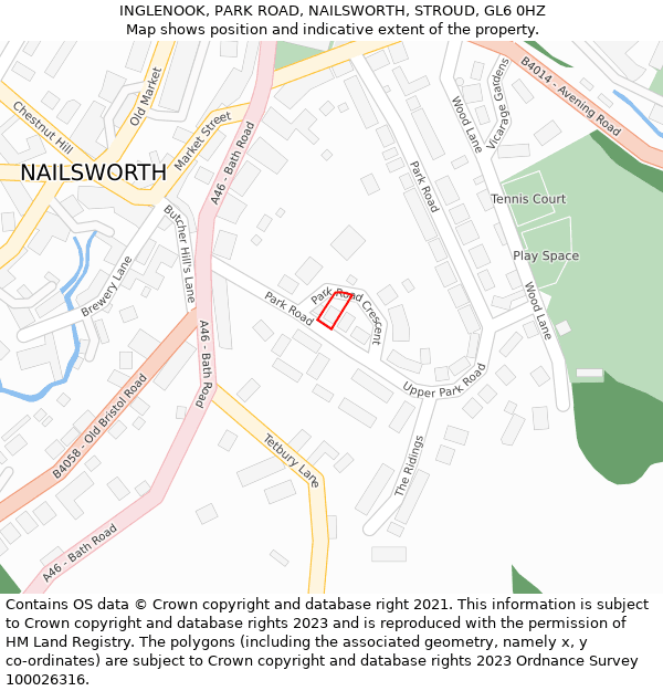 INGLENOOK, PARK ROAD, NAILSWORTH, STROUD, GL6 0HZ: Location map and indicative extent of plot
