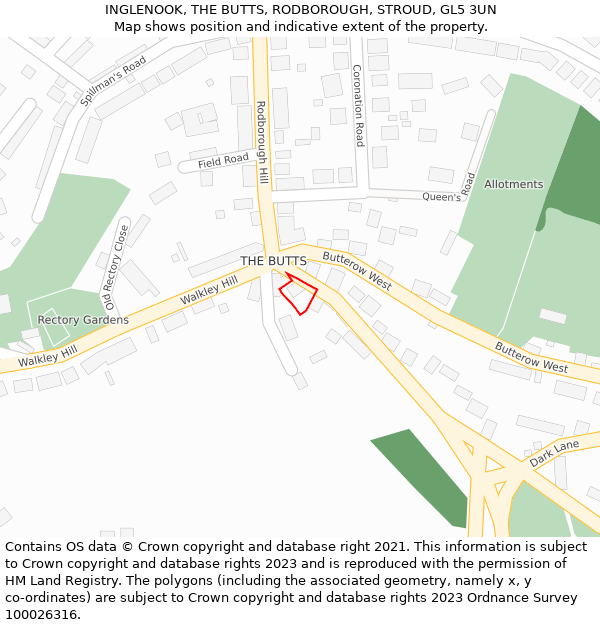 INGLENOOK, THE BUTTS, RODBOROUGH, STROUD, GL5 3UN: Location map and indicative extent of plot