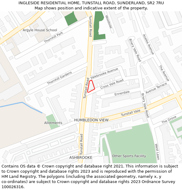 INGLESIDE RESIDENTIAL HOME, TUNSTALL ROAD, SUNDERLAND, SR2 7RU: Location map and indicative extent of plot