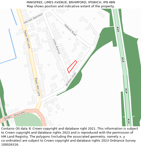 INNISFREE, LIMES AVENUE, BRAMFORD, IPSWICH, IP8 4BN: Location map and indicative extent of plot