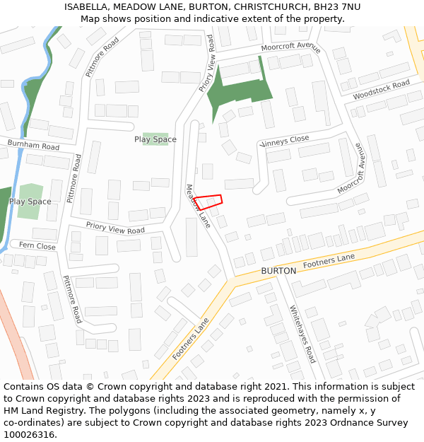 ISABELLA, MEADOW LANE, BURTON, CHRISTCHURCH, BH23 7NU: Location map and indicative extent of plot