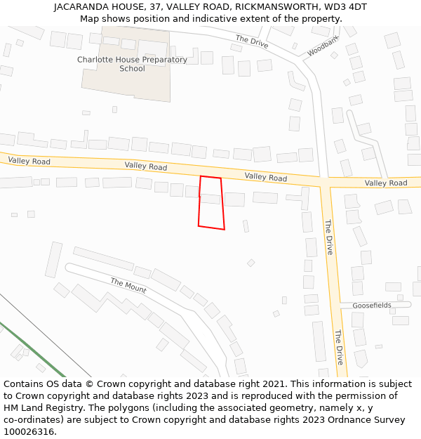 JACARANDA HOUSE, 37, VALLEY ROAD, RICKMANSWORTH, WD3 4DT: Location map and indicative extent of plot