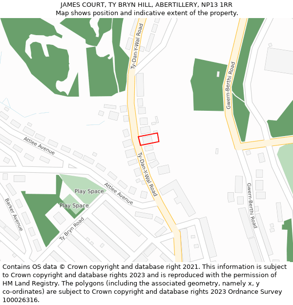 JAMES COURT, TY BRYN HILL, ABERTILLERY, NP13 1RR: Location map and indicative extent of plot