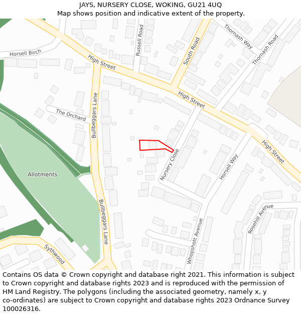 JAYS, NURSERY CLOSE, WOKING, GU21 4UQ: Location map and indicative extent of plot