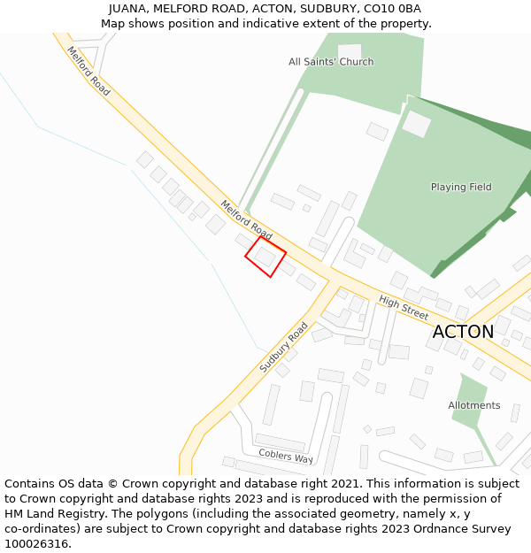 JUANA, MELFORD ROAD, ACTON, SUDBURY, CO10 0BA: Location map and indicative extent of plot