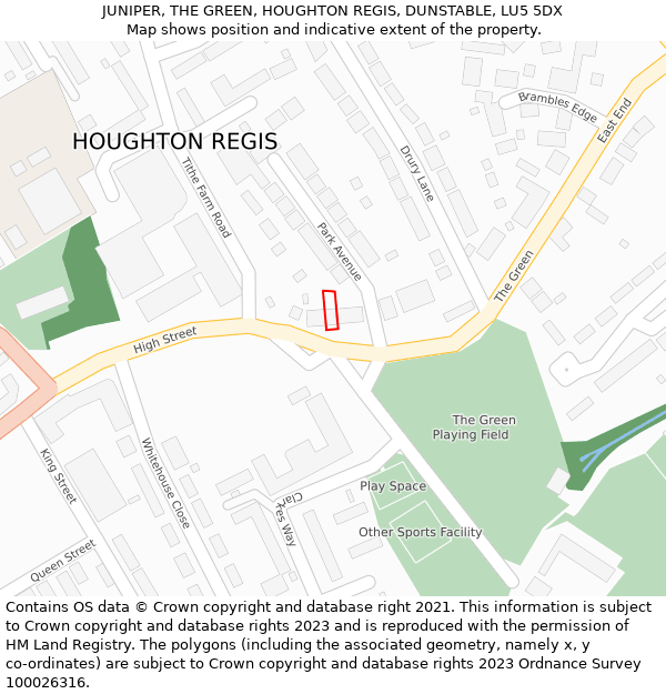 JUNIPER, THE GREEN, HOUGHTON REGIS, DUNSTABLE, LU5 5DX: Location map and indicative extent of plot