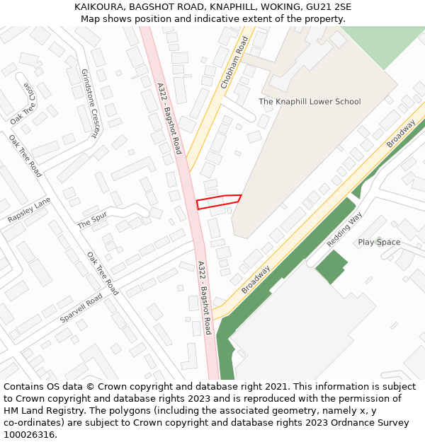 KAIKOURA, BAGSHOT ROAD, KNAPHILL, WOKING, GU21 2SE: Location map and indicative extent of plot