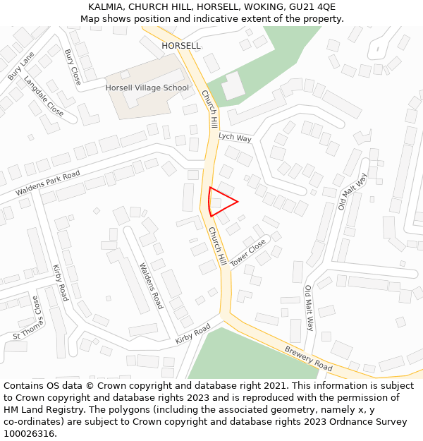 KALMIA, CHURCH HILL, HORSELL, WOKING, GU21 4QE: Location map and indicative extent of plot