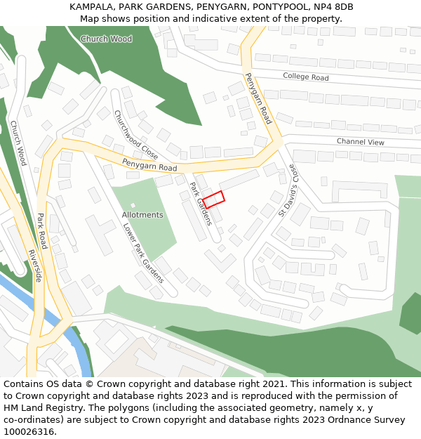 KAMPALA, PARK GARDENS, PENYGARN, PONTYPOOL, NP4 8DB: Location map and indicative extent of plot