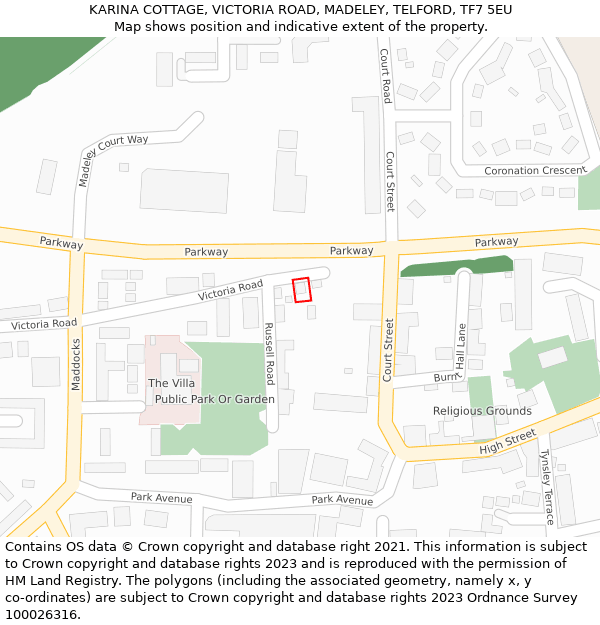 KARINA COTTAGE, VICTORIA ROAD, MADELEY, TELFORD, TF7 5EU: Location map and indicative extent of plot
