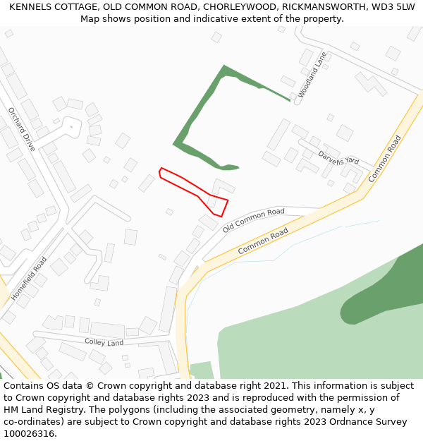 KENNELS COTTAGE, OLD COMMON ROAD, CHORLEYWOOD, RICKMANSWORTH, WD3 5LW: Location map and indicative extent of plot