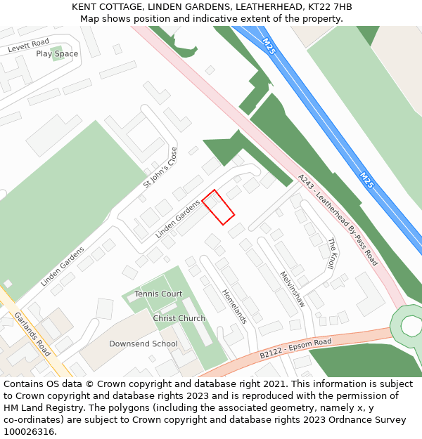 KENT COTTAGE, LINDEN GARDENS, LEATHERHEAD, KT22 7HB: Location map and indicative extent of plot