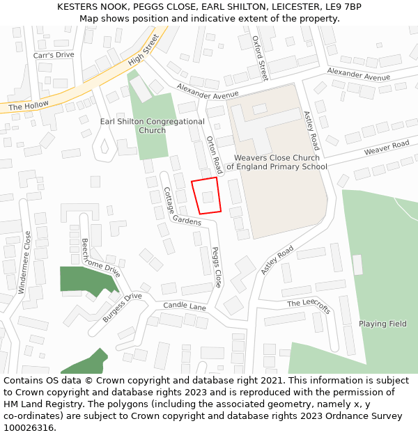 KESTERS NOOK, PEGGS CLOSE, EARL SHILTON, LEICESTER, LE9 7BP: Location map and indicative extent of plot