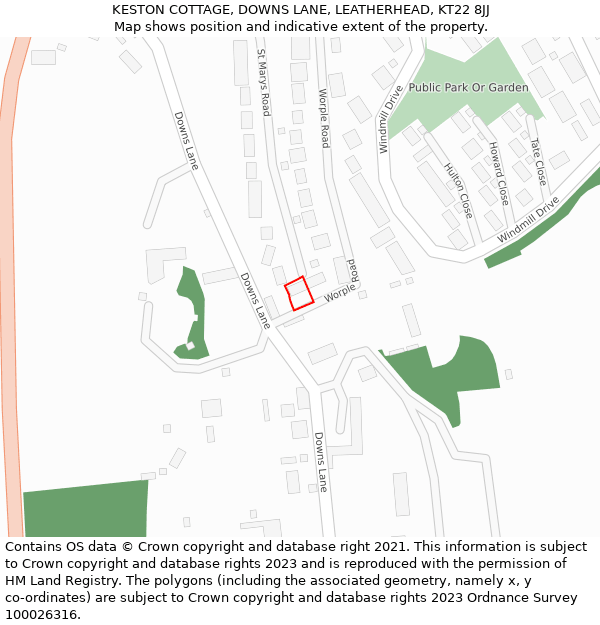 KESTON COTTAGE, DOWNS LANE, LEATHERHEAD, KT22 8JJ: Location map and indicative extent of plot