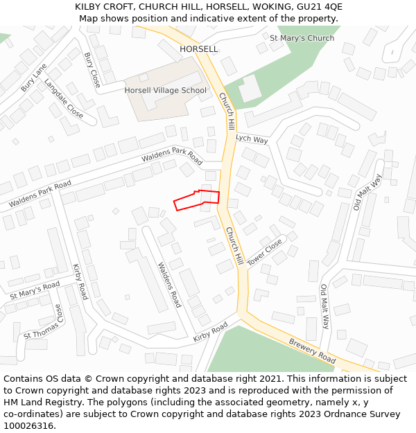 KILBY CROFT, CHURCH HILL, HORSELL, WOKING, GU21 4QE: Location map and indicative extent of plot