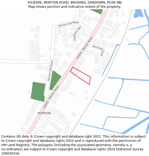 KILDARE, MORTON ROAD, BRADING, SANDOWN, PO36 0BJ: Location map and indicative extent of plot